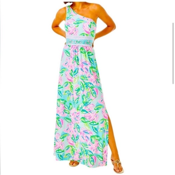 NWT LILLY PULITZER Malia One Shoulder Totally Blossom Engineered Maxi Dress Sz M - Picture 2 of 11
